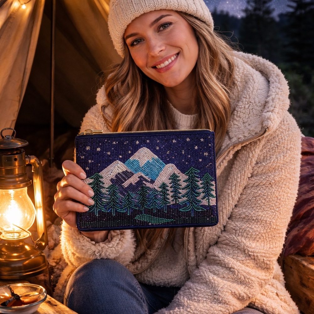 Starry Mountain Beaded Coin Purse | Handmade Zipper Pouch | Cozy Nature Clutch